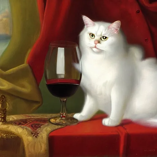 Image similar to a royal portrait of a ragdoll cat drinking a bottle of wine, oil on canvas