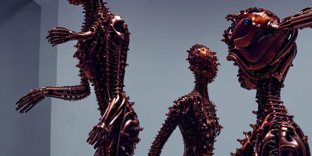 Prompt: star base, walking down the catwalk, vogue photo, podium, fashion show photo, iris van herpen baroque dress, beautiful woman, perfect body, full body shot, helmet on face, inflateble shapes, masterpiece, guyver, biomechanical details, denis villeneuve, movie still, fauvism, cinestill, bokeh, artstation