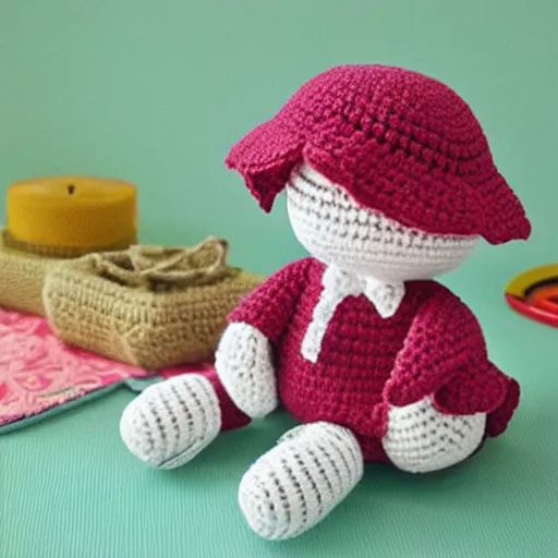 Prompt: product image of a cute crochet grandma made of crochet who's making a crochet. high resolution