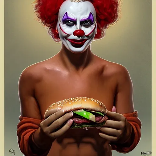 Prompt: portrait of chasey lain in clown makeup eating hamburgers, extra onions and ketchup, luscious patty with sesame seeds, ethereal, handsome, d & d, fantasy, intricate, elegant, highly detailed, digital painting, artstation, concept art, matte, sharp focus, illustration, art by artgerm and greg rutkowski and alphonse mucha