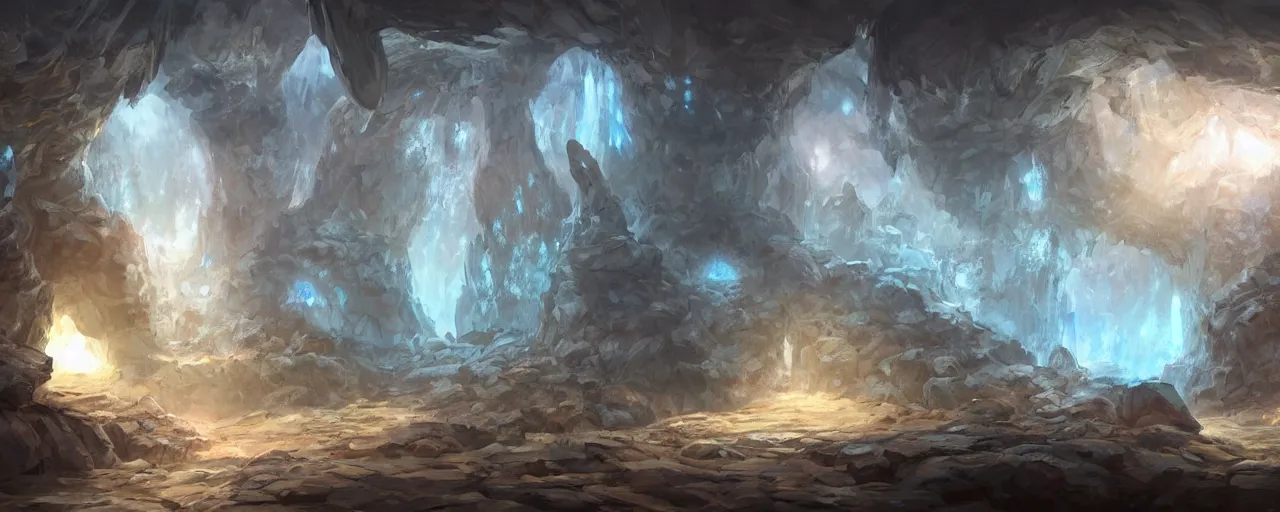 Image similar to concept art of an ancient fantasy cave with huge crystals, god rays, artstation