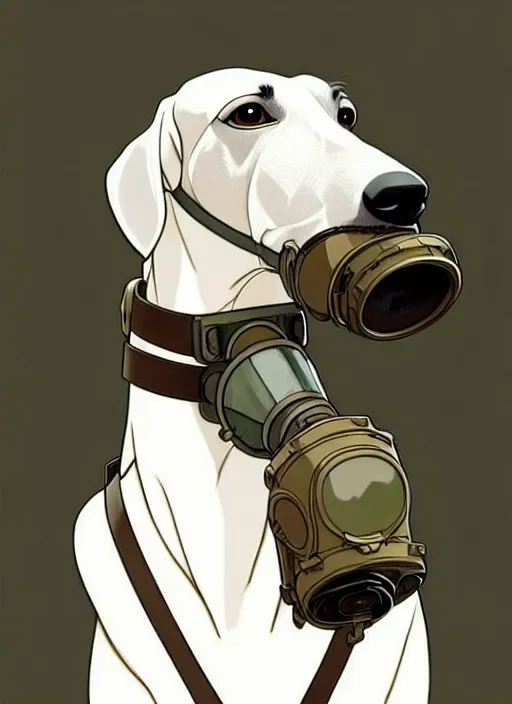 Image similar to intelligent white brown greyhound wearing gas mask, natural lighting, path traced, highly detailed, high quality, digital painting, by don bluth and ross tran and studio ghibli and alphonse mucha, artgerm