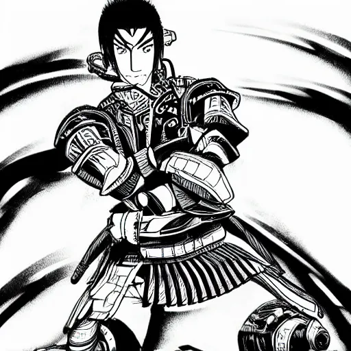 Prompt: a post - modern samurai cyborg in manga style, manga, black and white, japanese, action portrait art