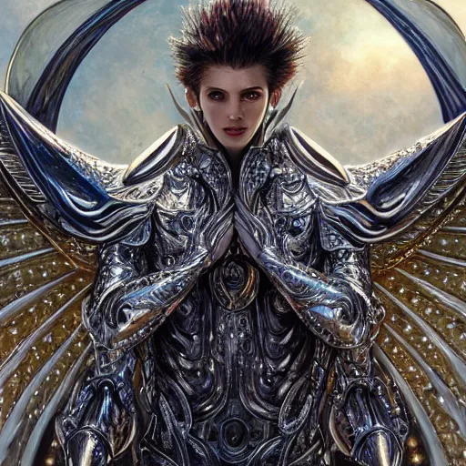 Image similar to a beautiful male angel wearing a white chrome armor with golden ornaments and diamonds jewelry by alex gray and android jones, karol bak, ayami kojima, amano, concept art, character design, fantasy, 3 d, 8 k resolution