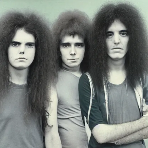 Image similar to Group of 19-year-old girls, permed hair, thick hair, heaviest metal band of 1970s, proto-metal, promo photo, band promo, 1971 16mm photograph