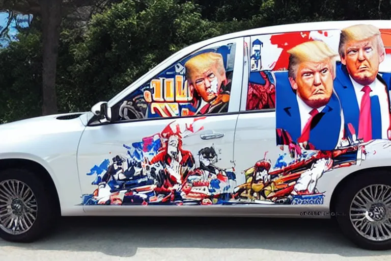 Prompt: trump-anime-car-wrap, side shot