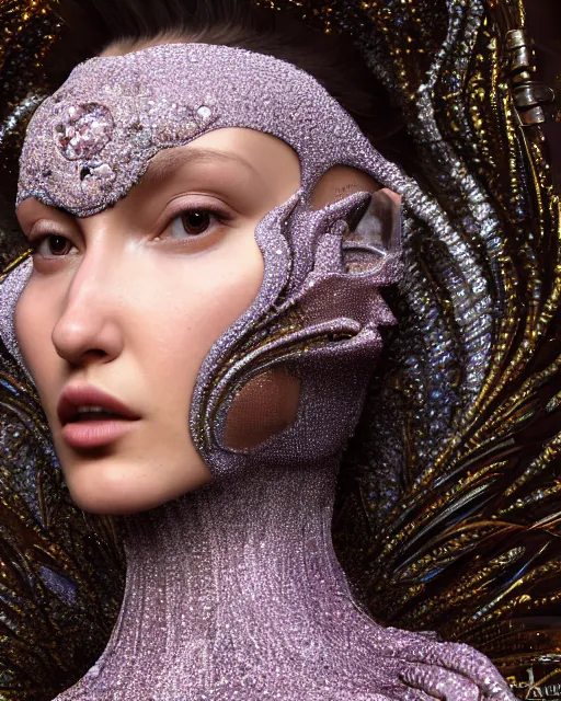 Image similar to a highly detailed metahuman 4 k close up render of a bella hadid as techno monument renaissance in iris van herpen dress schiaparelli in diamonds crystals swarovski and jewelry iridescent in style of alphonse mucha gustav klimt trending on artstation made in unreal engine 4