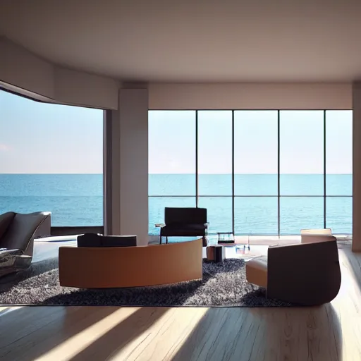 Prompt: modern futuristic interior home design, living room with window facing the sea and sun, hyper-realistic, ultra-detailed, high resolution, bright and clear, HDR shot, cinematic lighting