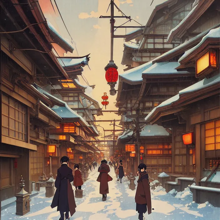 Prompt: japanese big city, winter, in the style of studio ghibli, j. c. leyendecker, greg rutkowski, artem