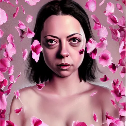 Prompt: pink petals with a ahape of a wonderful aubrey plaza and christina ricci and sarah hyland and mila kunis and olivia newton john, intricate, elegant, highly detailed, wonderful eyes, sweet, digital painting, artstation, concept art, smooth, sharp focus, illustration, art by artgerm and greg rutkowski and concept art