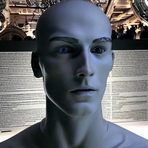 Image similar to “a realistic detailed photo of a guy who is an attractive humanoid who is half robot and half humanoid, who is a male android, Cristiano Ronaldo, shiny skin, posing like a statue, blank stare, at the museum, on display”