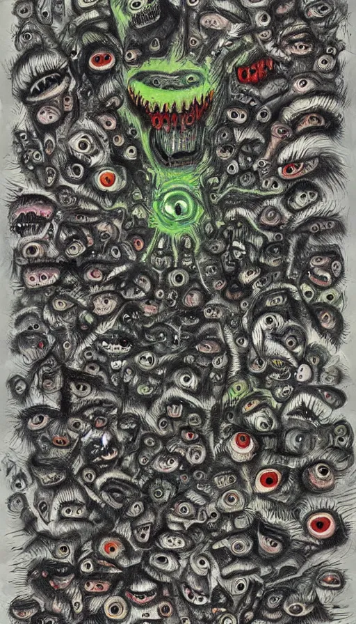 Image similar to a storm vortex made of many demonic eyes and teeth, by raymond briggs