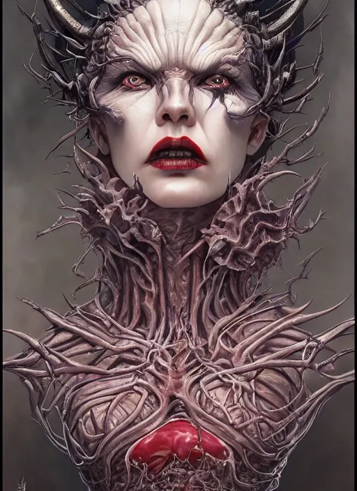 Prompt: a hyper detailed full face portrait of human transforming into the queen of blades, horror, sideshow figurines, diablo 4 lilith, by yusuke murata, by hiroya oku, by dorian cleavenger, by tom bagshaw, by zdzisław beksinski, trending on artstation