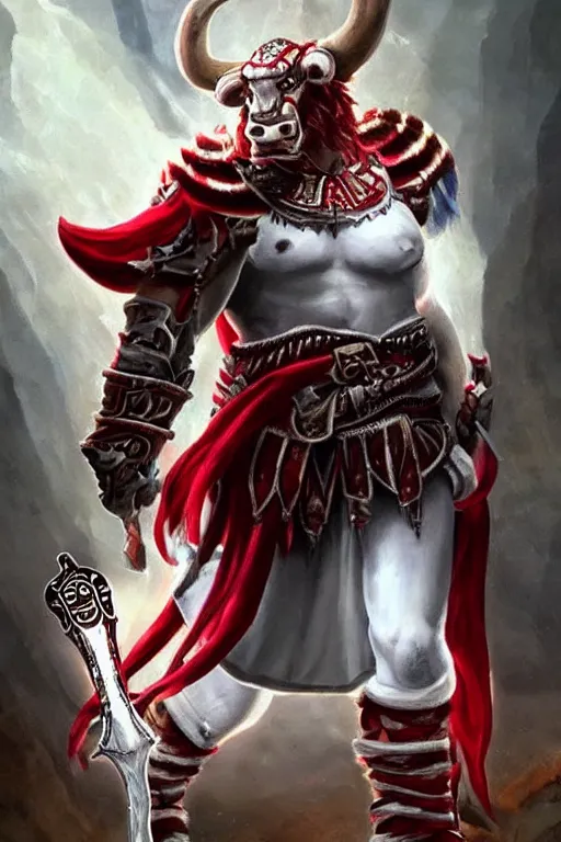 Image similar to a handsome tauren warrior colaked in white with swords, standing in light beam of a dark cave, ruby red sorrow, high quality, ultra detail
