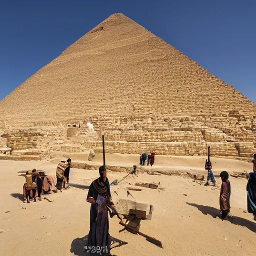 Prompt: a wide angle photograph of people building an egyptian pyramid in 3 0 0 0 bc. traditional tools being used. ancient building techniques on display. beautiful morning lighting. the photo shows the pyramid partially complete. large stones are also present, being moved into position by many workers. workers are wearing traditional clothes for the time