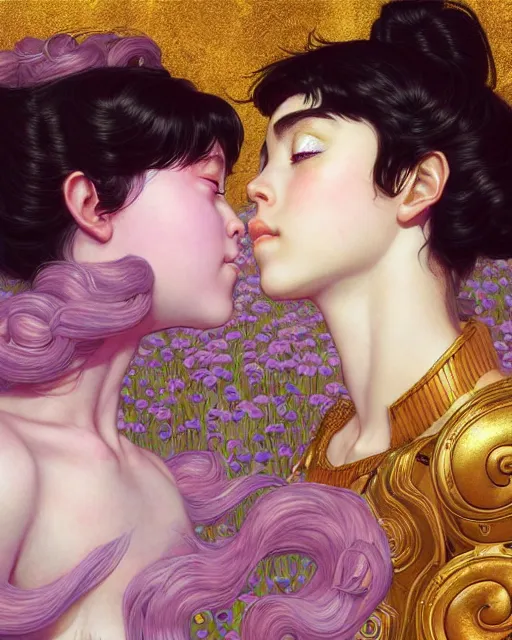 Prompt: portrait of two beautiful cute young maiden girls kissing with short white hairs in warhammer armor, art by ( ( ( kuvshinov ilya ) ) ) and wayne barlowe and gustav klimt and artgerm and wlop