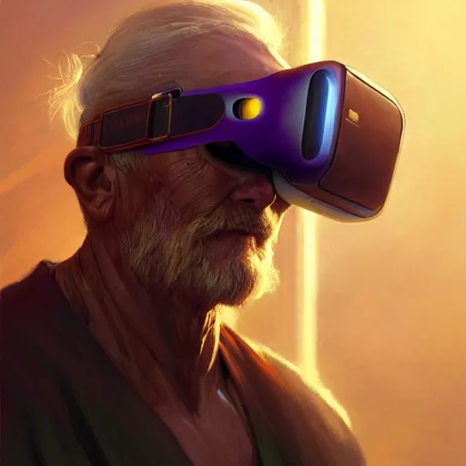 Prompt: an old male warrior with a VR headset, golden light, purple water, highly detailed, digital painting, artstation, concept art, smooth, sharp focus, illustration, art by artgerm and greg rutkowski and alphonse mucha