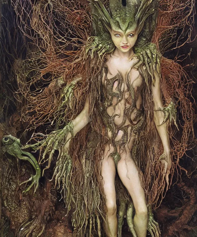 Prompt: a portrait photograph of a fierce sadie sink as an alien harpy queen with slimy amphibian skin. she is trying on evil bulbous slimy organic membrane parasitic fetish fashion and transforming into a succubus amphibian. by donato giancola, walton ford, ernst haeckel, brian froud, hr giger. 8 k, cgsociety