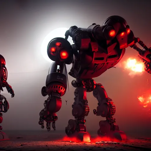 Image similar to post - apocalyptic, a very strong robot with red enerygies, is shaking hands with a mighty alien creature that has multiple eyes. smoke. volumetric lighting, sharp focus, ultra detailed, cgsociety