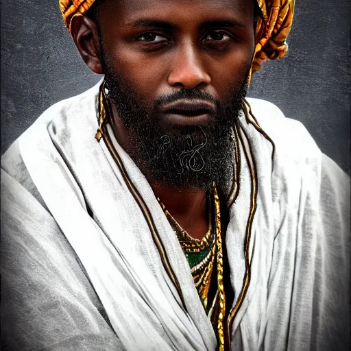 Prompt: east african man, curly hair, muslim man, somali attire, vintage, symmetrical, nostalgic, peaceful, digital painting, intricate details, sharp focus