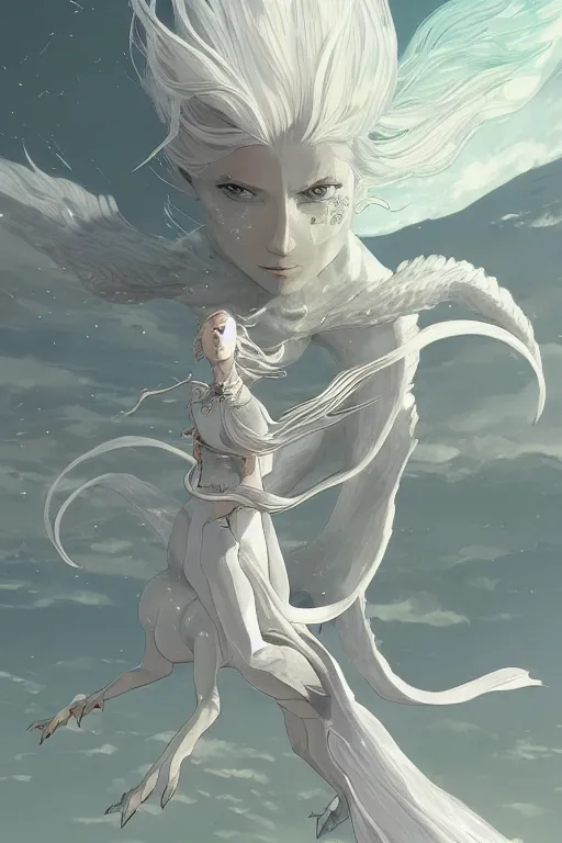 Image similar to vanishing point, white hair eva riding on the white dragon's neck ready to fight, by victo ngai and makoto shinkai, partner, adiant light, minimalist, unreal engine 5, concept art ， highly rendered,, digital painting, artstation, concept art, smooth, sharp foccus, artstation hq