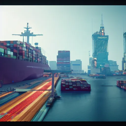 Image similar to an anti-gravity (futuristic container vessel) hovering at port in Night City Cyberpunk 2077, muted cyberpunk style, tranquil, steady, atmospheric, sweltering, autochrome, 8k, reflections, octane render, unreal engine 5