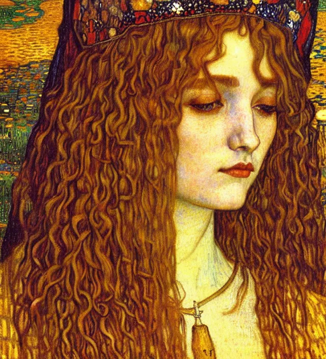 Image similar to detailed realistic beautiful young medieval queen face portrait by jean delville, gustav klimt and vincent van gogh, art nouveau, symbolist, visionary, gothic, pre - raphaelite, muted earthy colors, desaturated