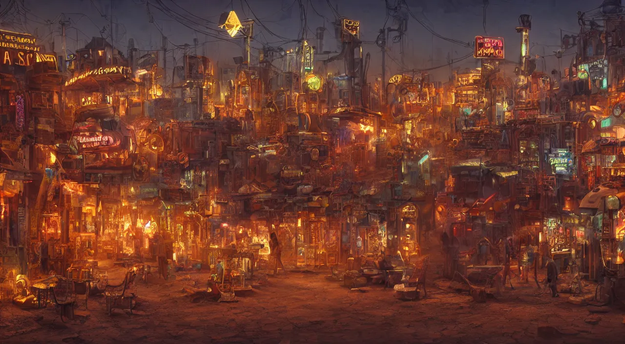 Image similar to a steampunk village in the desert at night, junk everywhere,neon lights, neon signs, magical atmosphere, mist, steam, photo realistic, 35mm, Matte painting, octane render, 8k, corona render, movie concept art by guido borelli da caluso