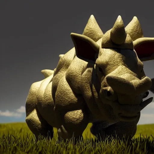 Image similar to photography of a realistic rhyhorn animal, ultra detailed, 8 k, cinematic lighting, natural background, trending on artstation, pokemon