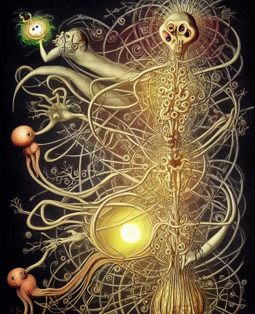 Prompt: whimsical freaky creature sings a unique canto about'as above so below'being ignited by the spirit of haeckel and robert fludd, breakthrough is iminent, glory be to the magic within, painted by ronny khalil