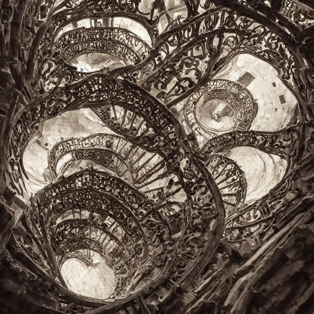 Image similar to , grand spiral stairs going down deep in a dark hole, baroque, by antoni gaudi and greg rutkowski, dramatic volumetric cinematic light, chiaroscuro, cinematic, high quality, high detailed, detailed patterns pop art