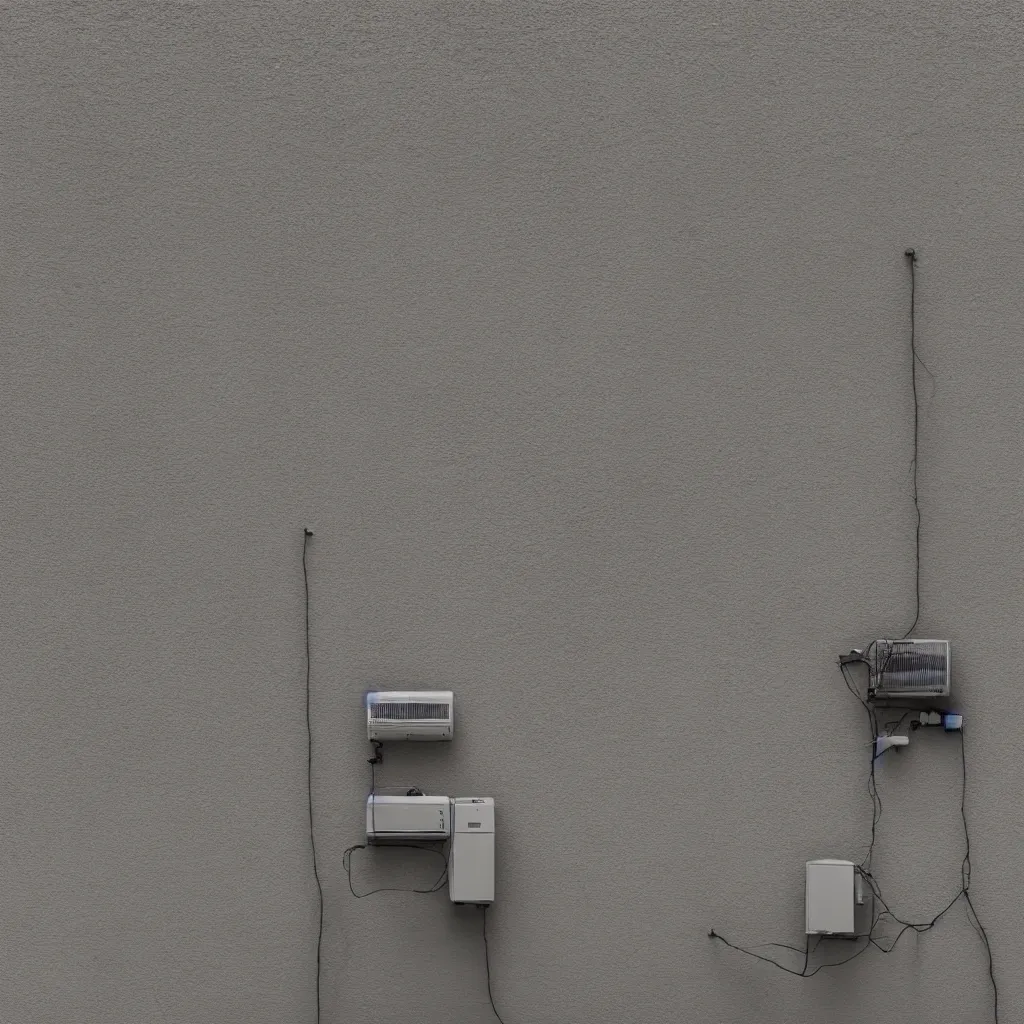 Prompt: close - up seen a profile wall with an air conditioner in the room and an air conditioner on the terrace with water spray faded on the wall connected by transparent cables, depth of field, sunny, ultra realistic, very detailed, 8 k hyper realistic detailed cinematic still by nadav kander