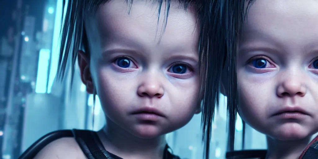 Image similar to realistic portrait of a cyberpunk baby, octane render, coherent, cinematic, highly detailed, 8k,