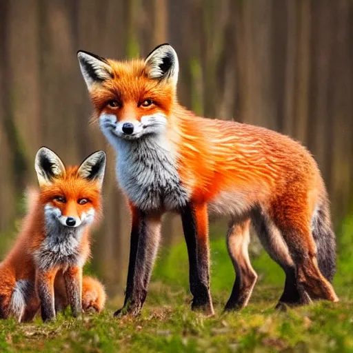 Prompt: ultradetailed portrait of a fox family in a forrest, sunset