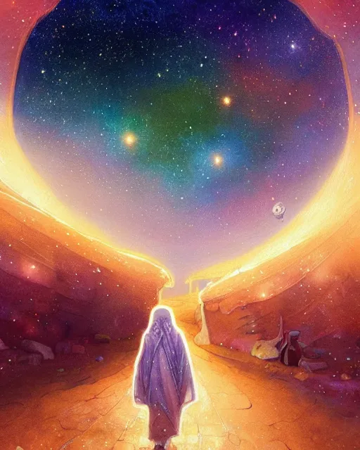 Image similar to bedouin child praying in galaxy walking towards mosque surrounded by nebula, highly detailed, gold filigree, romantic storybook fantasy, soft cinematic lighting, award, disney concept art watercolor illustration by mandy jurgens and alphonse mucha and alena aenami, pastel color palette, featured on artstation