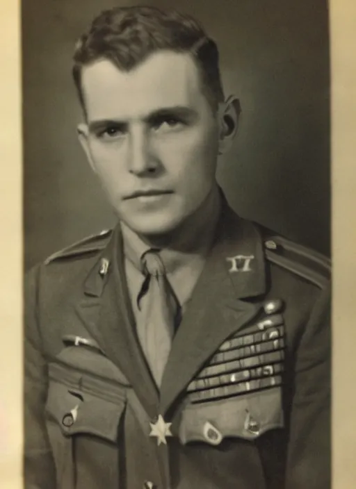 Prompt: grainy 1940’s WWII military portrait, professional portrait HD, authentic