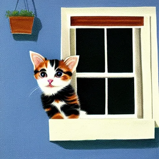 Image similar to cute calico kitten looking out of the window on a [ [ [ [ [ beautiful ] ] ] ] ] ] summer day, featured on artstationg, gorgeous!!!