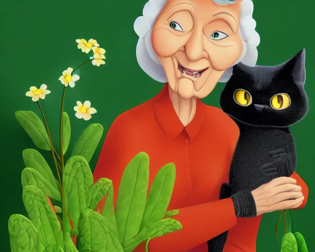 Image similar to cartoon of a nice old lady and her plant cat, pixar, sharp high quality