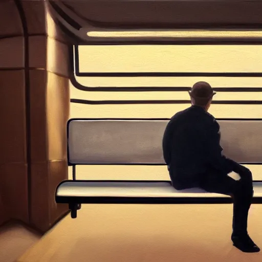 Image similar to a beautiful painting of a man sitting in a subway seat, rutkowski, realism, cinematic lighting