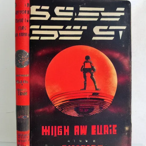 Prompt: vintage sci-fi book cover, high detail, red color bleed, film grain