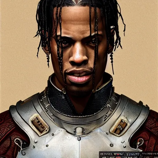 Image similar to travis scott as a knight, a character portrait by weiwei, cgsociety, sots art, official art, art, character,