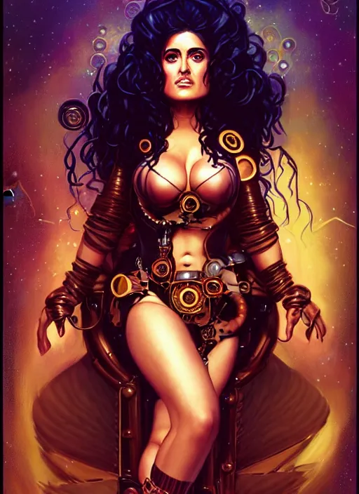Prompt: glowwave portrait of salma hayek as a steampunk sorceress, art style by klimt and nixeu and ian sprigger and wlop and krenz cushart.