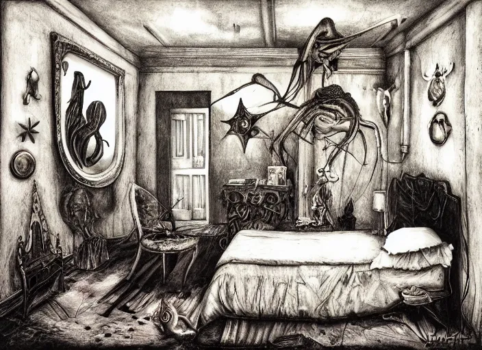 Prompt: a childhood bedroom by adonna khare, and h. r. giger, liminal aesthetic, dreamcore, weirdcore, clean lines, wide angle
