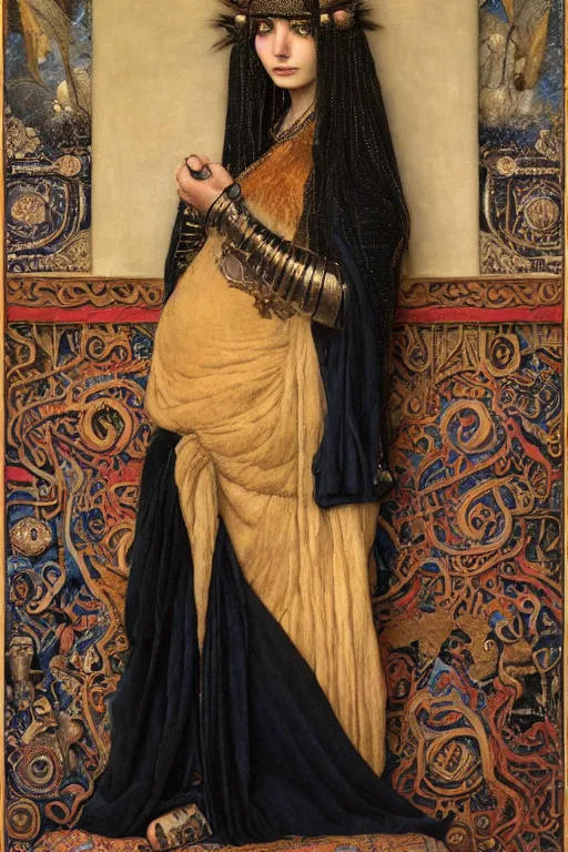 Image similar to portrait of the crow queen, by Donato Giancola and John Bauer and John William Godward and Vermeer, embroidered velvet, iridescent beetles, rich color, ornate headdress, flowing robes, lost runes, ancient civilizations,featured on Artstation, cgisociety, unreal engine, extremely detailed