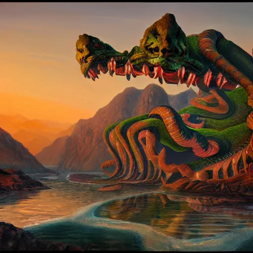 Image similar to a painting of a mythical hydra on lsd by james gurney, 8k unreal engine