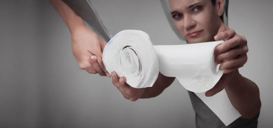 Image similar to First Person View of a video game character holding toilet paper, very realistic, 4K