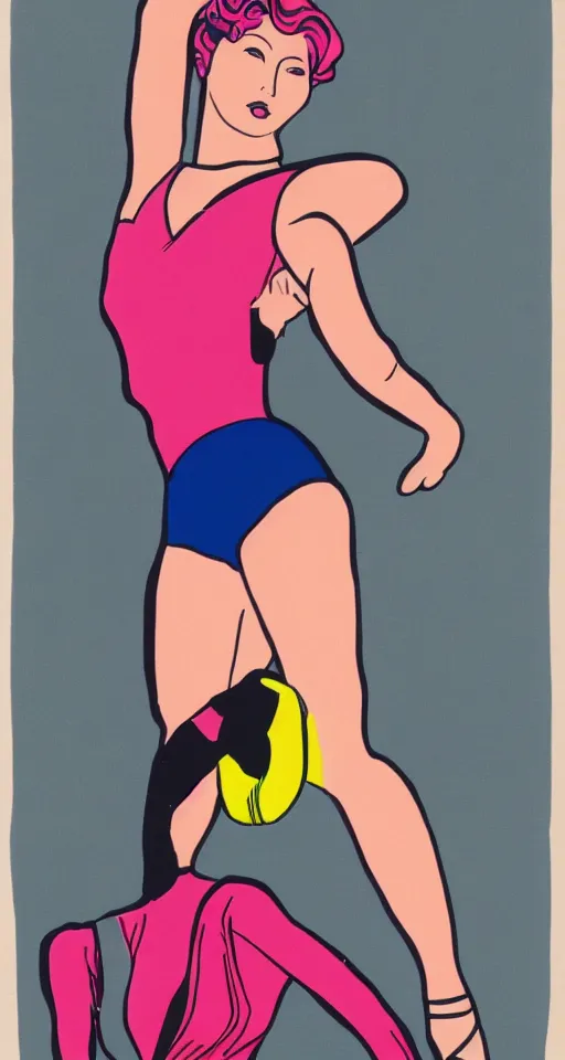 Image similar to full body portrait of an aerobics instructor with leotard and legwarmer in the 1980s in the style of Patrick Nagel, highly detailed,