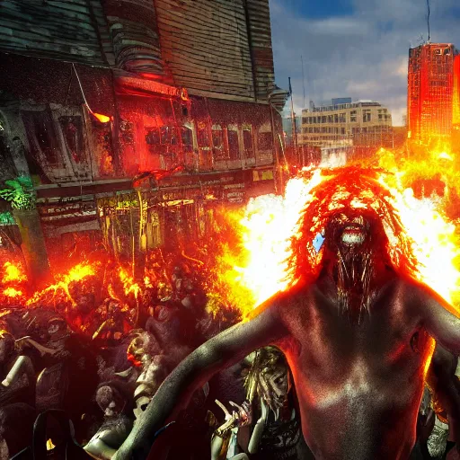 Image similar to city of hell, heavy metal rock city of hell, people in the city headbanging and marching like they do in a moshpit, realistic, hdr, clear image, hdd, dynamic lighting, rtx on,