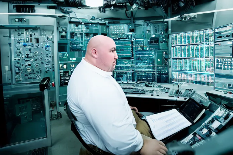 Prompt: heavyset bald man wearing a white shortsleeved shirt and blue jeans working in a nuclear silo control room by Emmanuel Lubezki