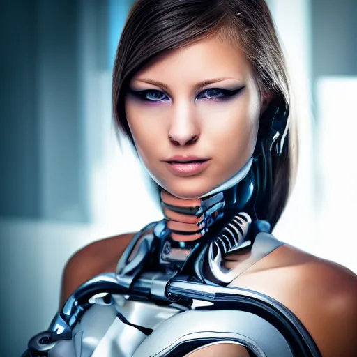 Image similar to portrait photo of a beautiful female cyborg